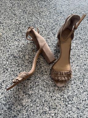 Vince Camuto Beige Ruffle Ankle-Strap Block Heels